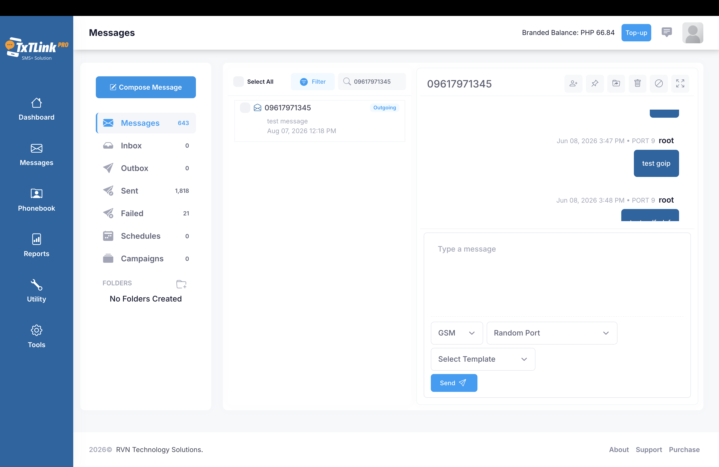 SMS Text Messenger Web Application project screenshot